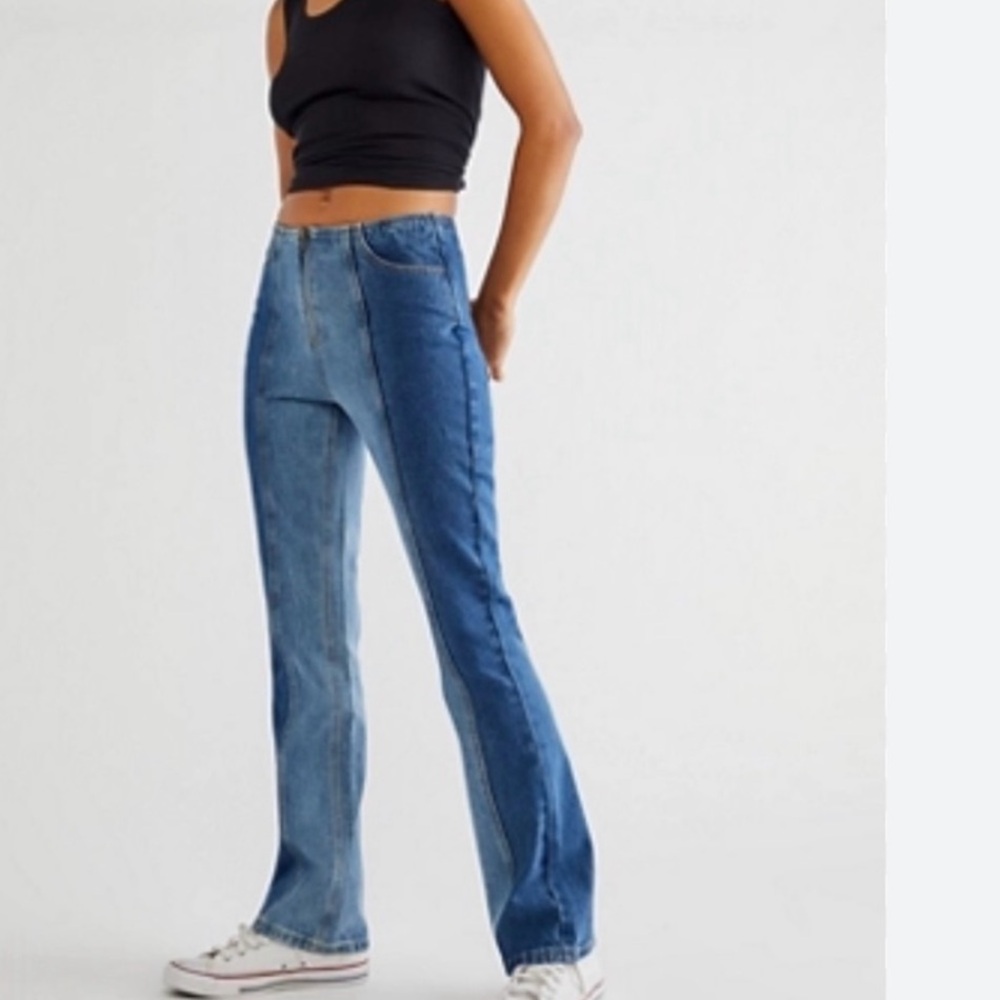 Free People Contrast Panel Blue Flare Jeans